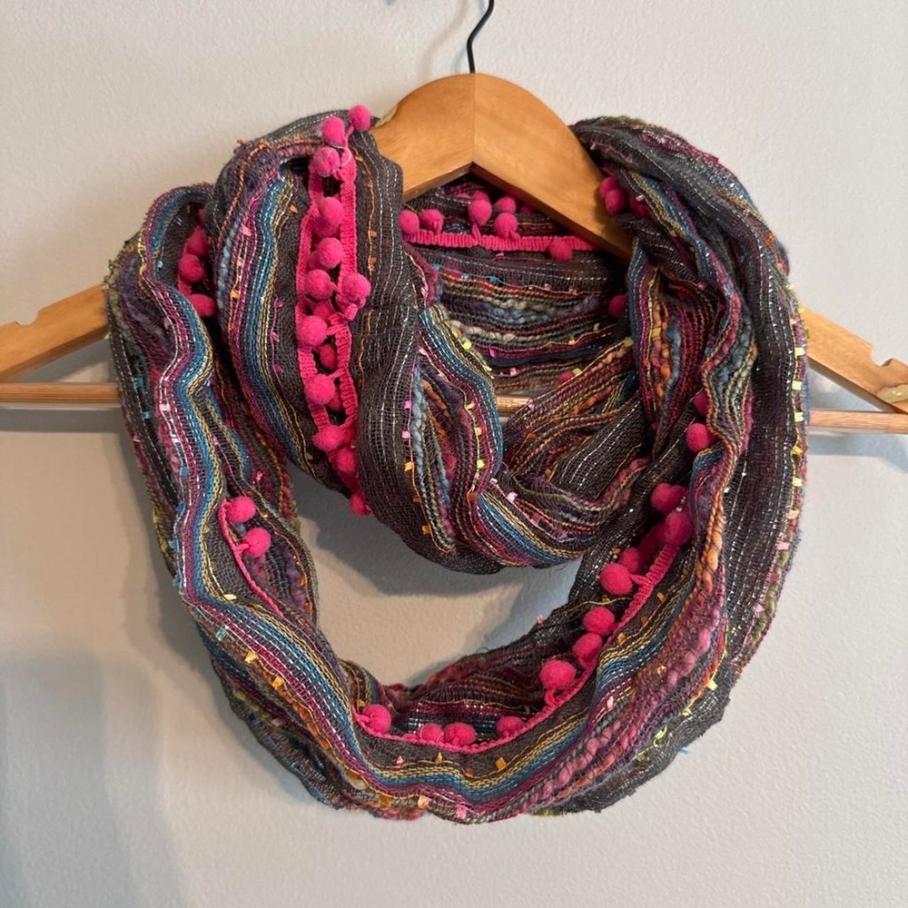Boho Pink Pom Pom Infinity Scarf Multicolor Textured Knit